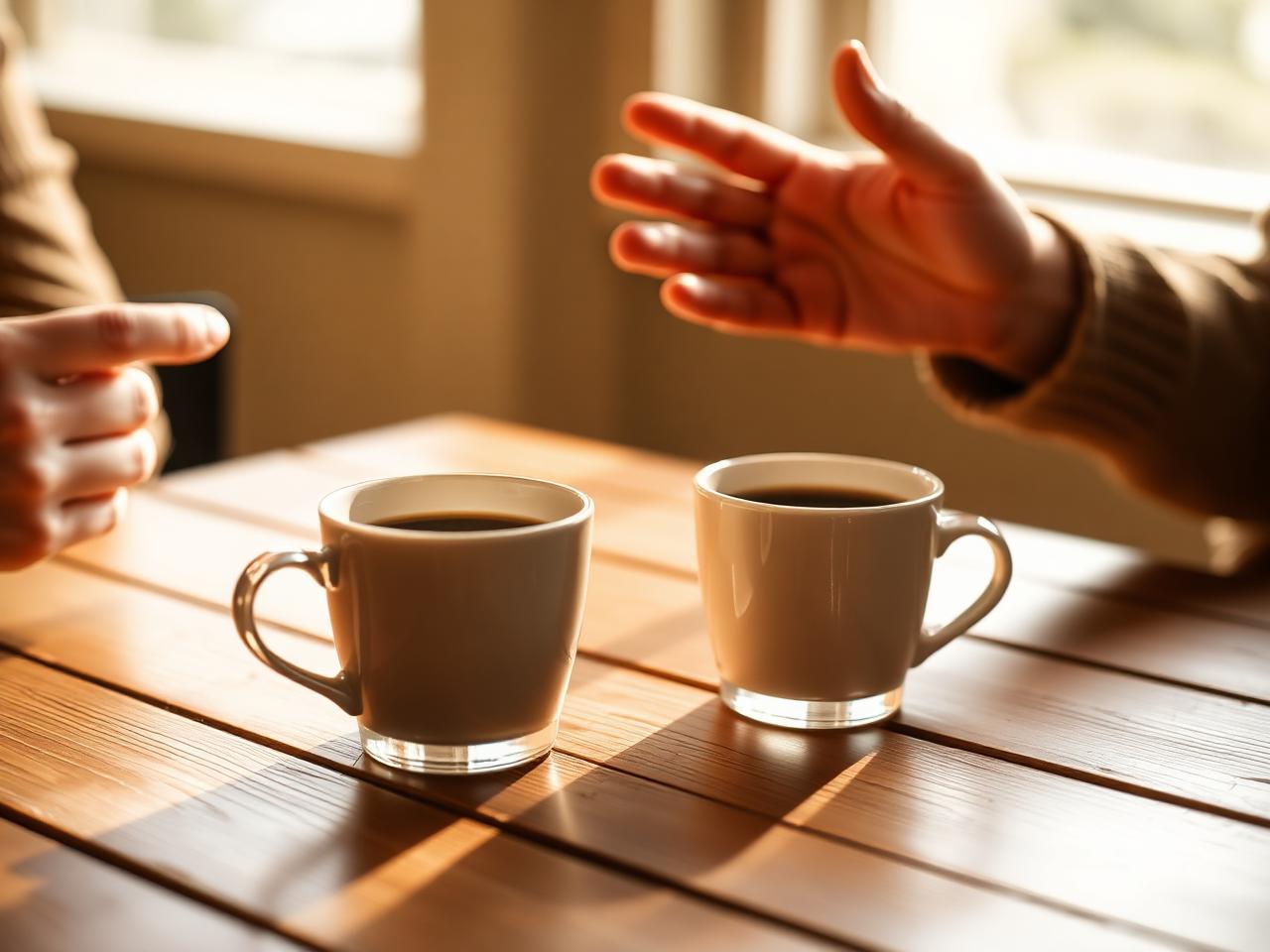 Zwei Tassen Kaffee auf einem Holztisch, Hände im Gespräch